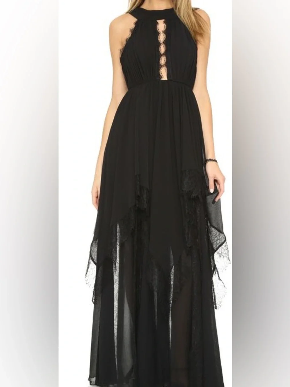 Free People Black Ivory Tower Lace-Trim Maxi Dress